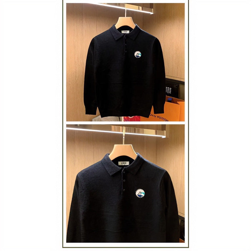 Herren Polokragen-Pullover aus weichem Flauschstrick mit Logo‑Patch Echoarchiv