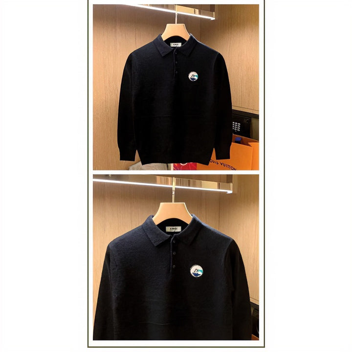 Herren Polokragen-Pullover aus weichem Flauschstrick mit Logo‑Patch Echoarchiv