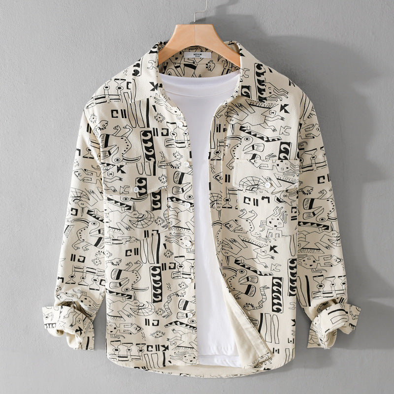 Herren Leichtes Baumwoll-Overshirt mit künstlerischem Linien-Print und doppelter Brusttasche Echoarchiv