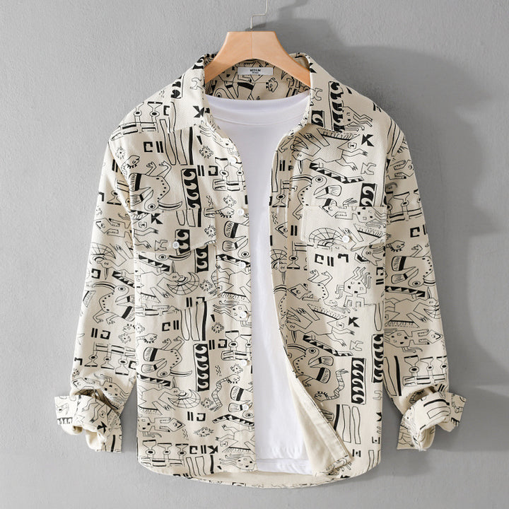 Herren Leichtes Baumwoll-Overshirt mit künstlerischem Linien-Print und doppelter Brusttasche Echoarchiv
