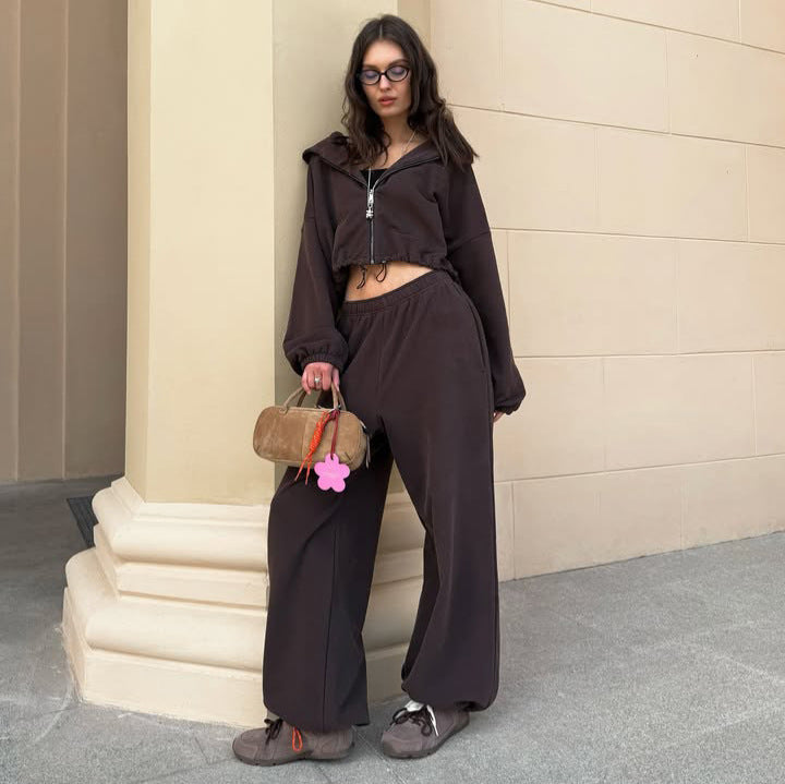 Damen oversized Kapuzenjacke mit Reißverschluss und weiten Jogginghose Lounge-Set – Auréline