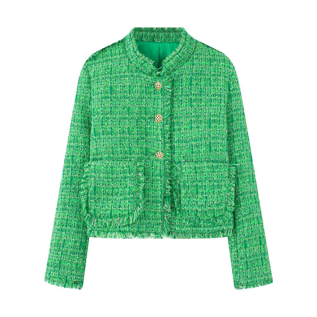 Damen kurze Bouclé-Tweedjacke mit goldenen Zierknöpfen, aufgesetzten Taschen und Fransenbesatz – Célinea