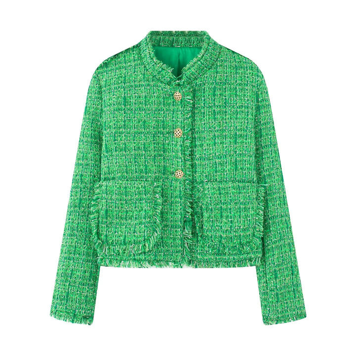 Damen kurze Bouclé-Tweedjacke mit goldenen Zierknöpfen, aufgesetzten Taschen und Fransenbesatz – Célinea