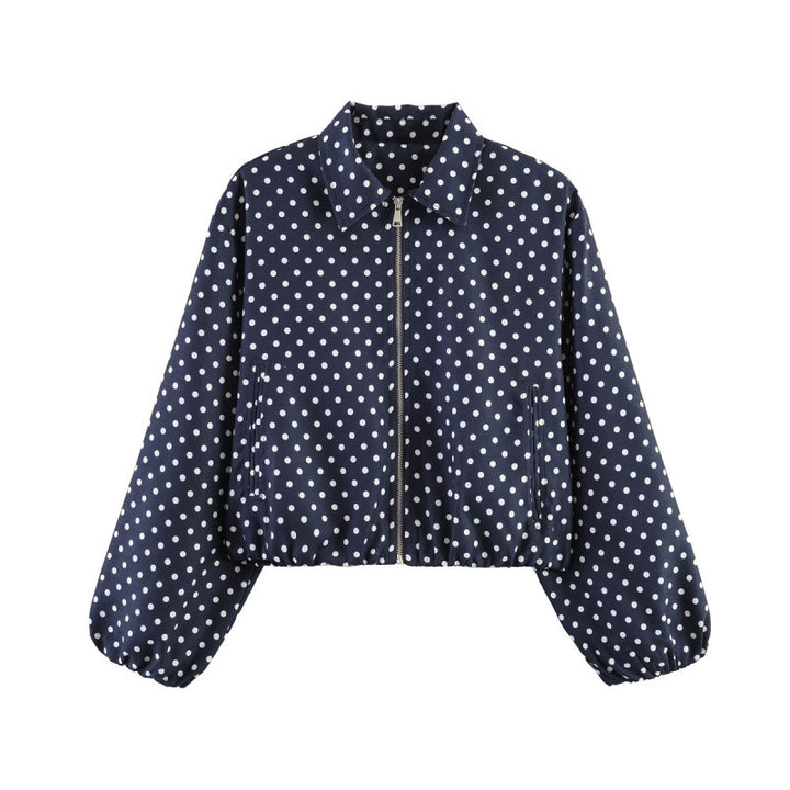 Damen Gepunktete Cropped-Bomberjacke im Retro-Look mit Hemdkragen und elastischem Saum Echo Archiv