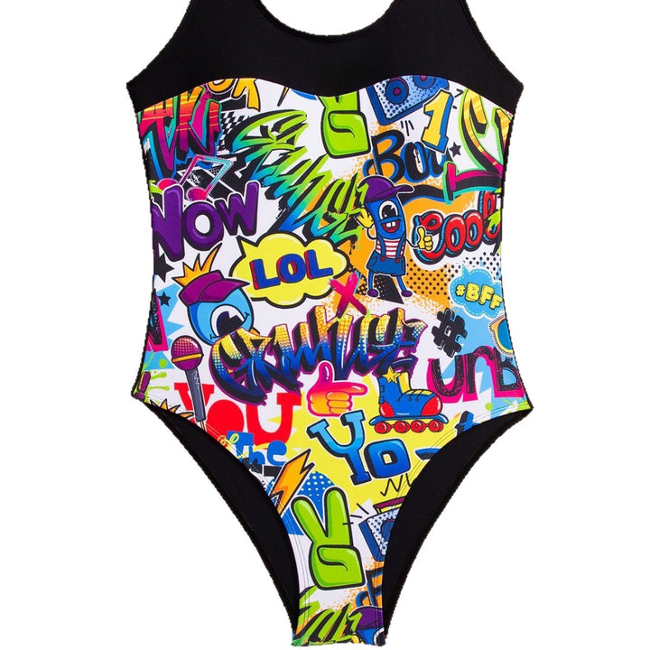 Damen Einteiliger Badeanzug mit buntem Graffiti-Design Echo Archiv