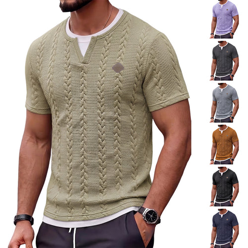 Herren nan texturiertes Kurzarmshirt mit geprägter Zopfstruktur, V‑Einsatz am Rundhals und Lagenlook Echo Archiv