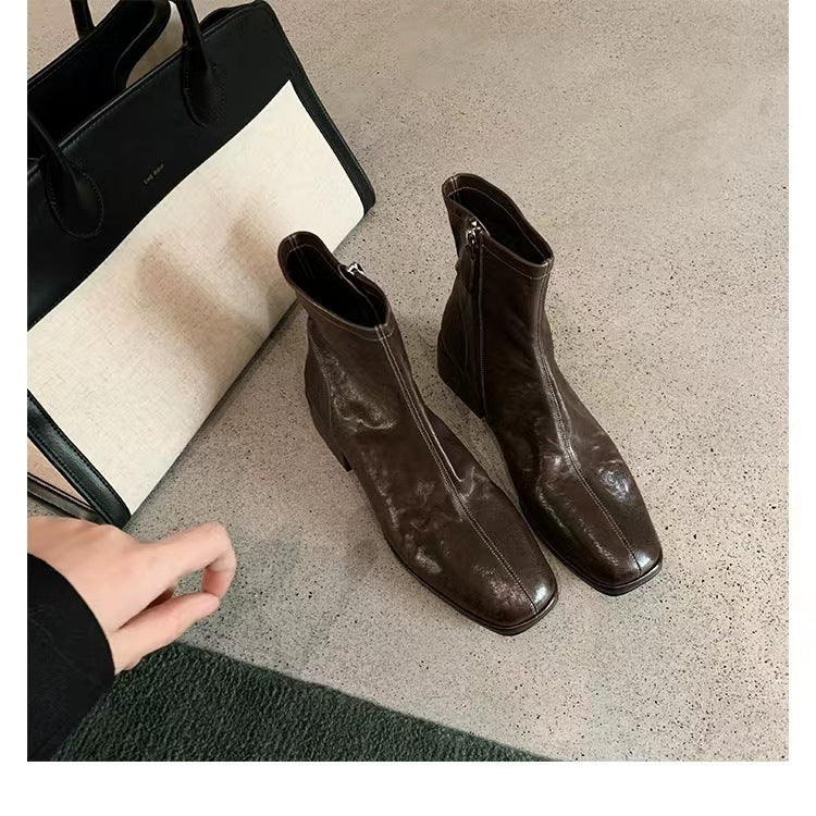 Damen knöchelhohe Glattleder-Stiefelette mit mittlerem Blockabsatz und seitlichem Reißverschluss Echo Archiv