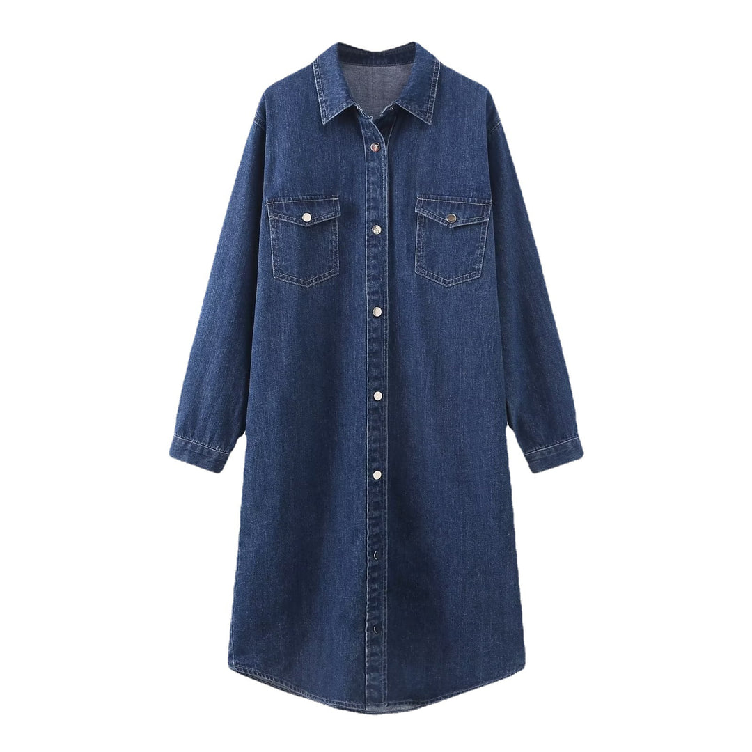 Damen Langes Denim-Hemdblusenkleid mit Knopfleiste und Brusttaschen – Valéora