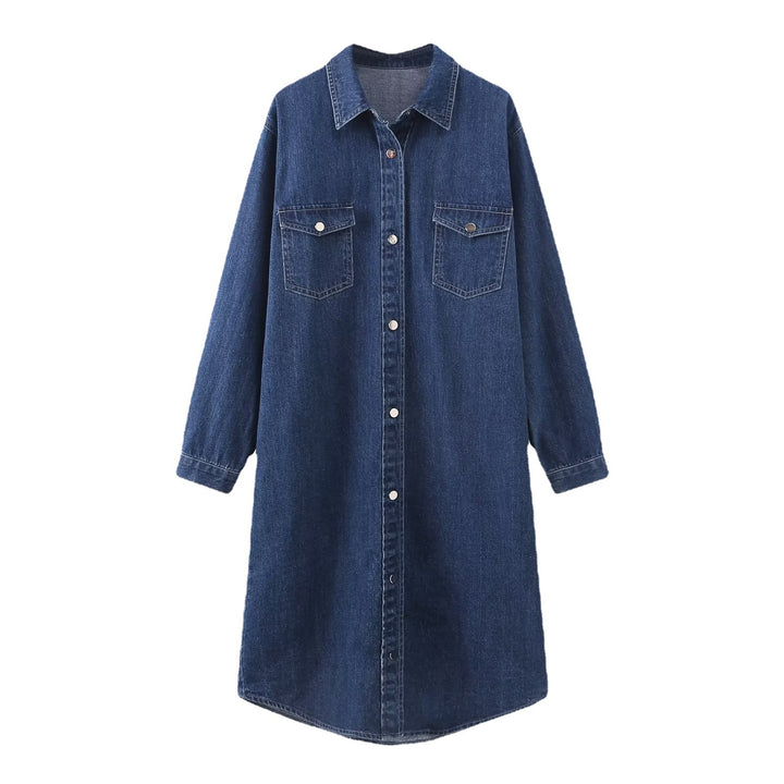 Damen Langes Denim-Hemdblusenkleid mit Knopfleiste und Brusttaschen – Valéora