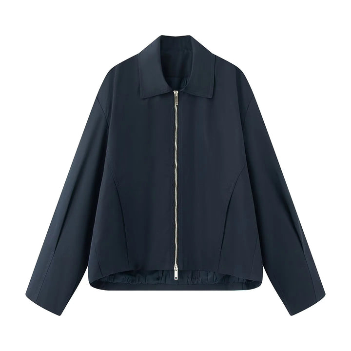 Damen leichte lässige Boxy-Blousonjacke mit verdecktem Zwei-Wege-Reißverschluss, hohem Kragen und seitlichen Eingrifftaschen – Célinea