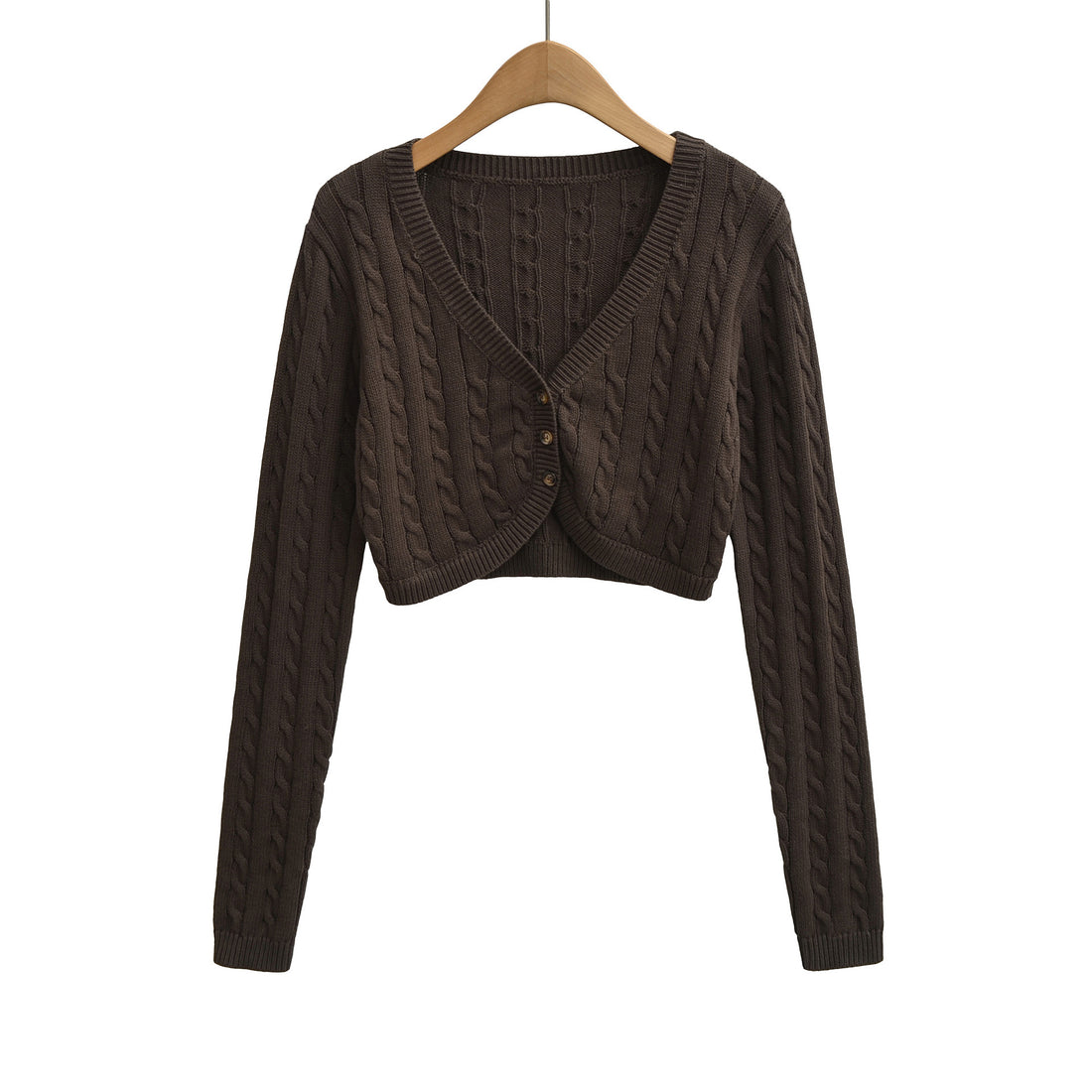 Damen Kurzgeschnittener Zopfstrick-Cardigan mit V‑Ausschnitt und Knopfleiste Echoarchiv