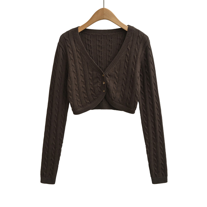 Damen Kurzgeschnittener Zopfstrick-Cardigan mit V‑Ausschnitt und Knopfleiste Echoarchiv