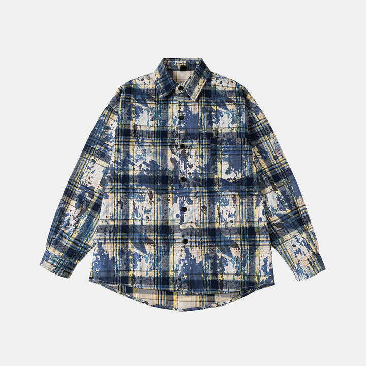 Unisex Overshirt-Hemdjacke im karierten Baumwollmix mit künstlerischem Paint‑Effekt Echoarchiv