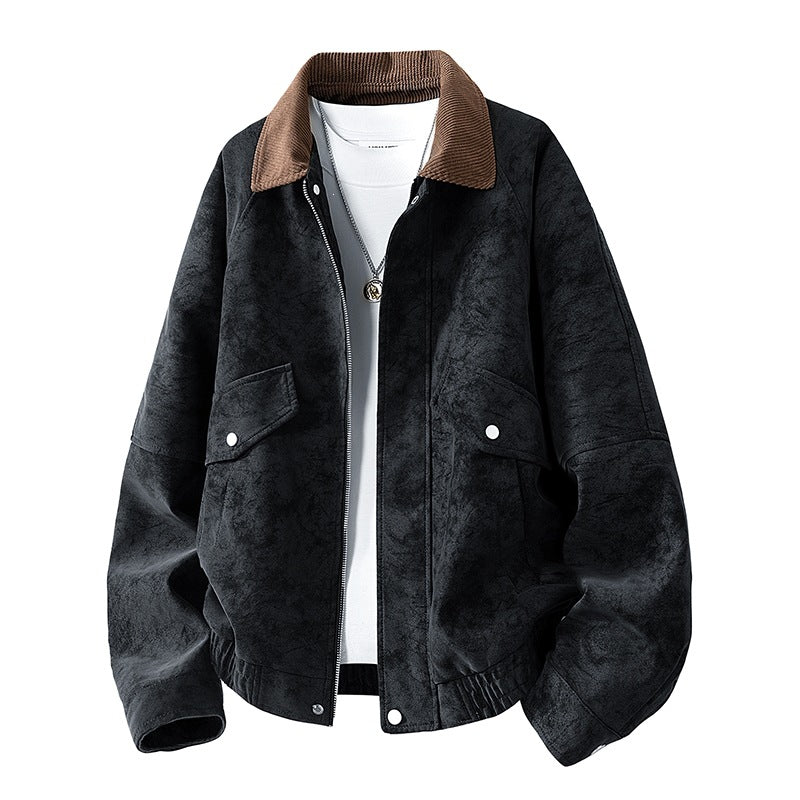 Herren Oversize Utility-Bomberjacke aus Kunstleder mit geripptem Saum und Hemdkragen Echoarchiv