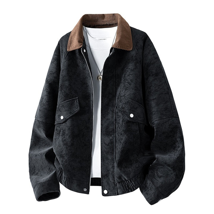Herren Oversize Utility-Bomberjacke aus Kunstleder mit geripptem Saum und Hemdkragen Echoarchiv