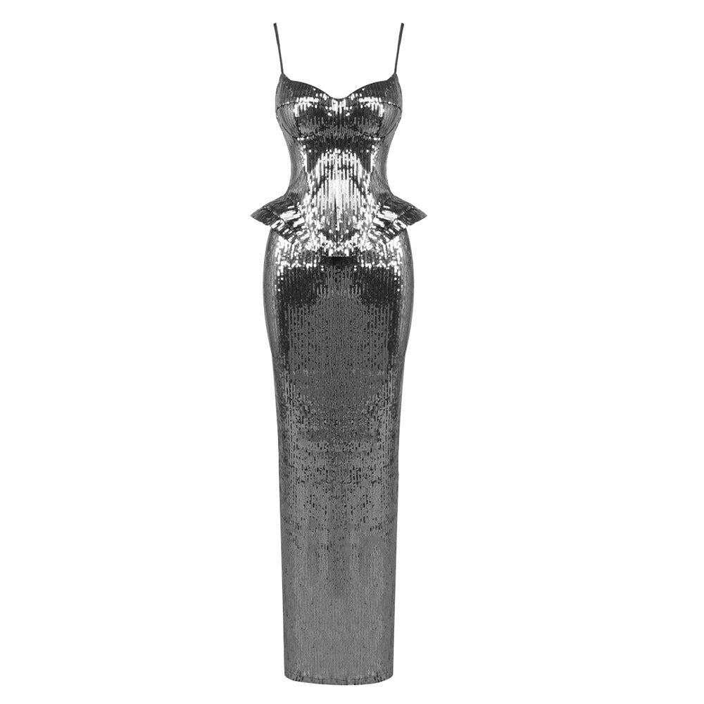 Damen glamouröses Abendkleid mit schimmernden Pailletten und elegantem Schnitt Echo Archiv