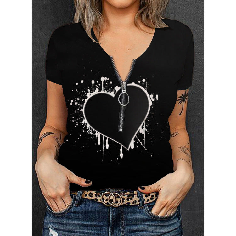 Damen Stylisches T-Shirt mit goldfarbenem Herz-Design und Reißverschluss Echo Archiv