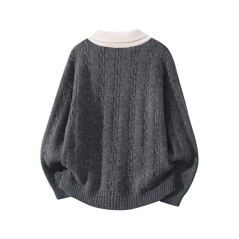 Herren Oversize Zopfmuster-Polo-Strickpullover mit Kontrastkragen und Dreiknopfleiste Echoarchiv
