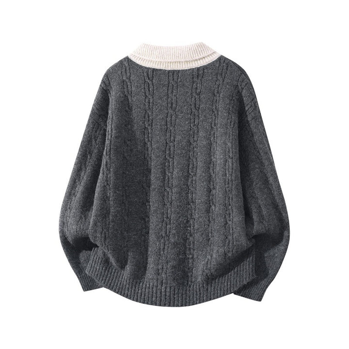 Herren Oversize Zopfmuster-Polo-Strickpullover mit Kontrastkragen und Dreiknopfleiste Echoarchiv