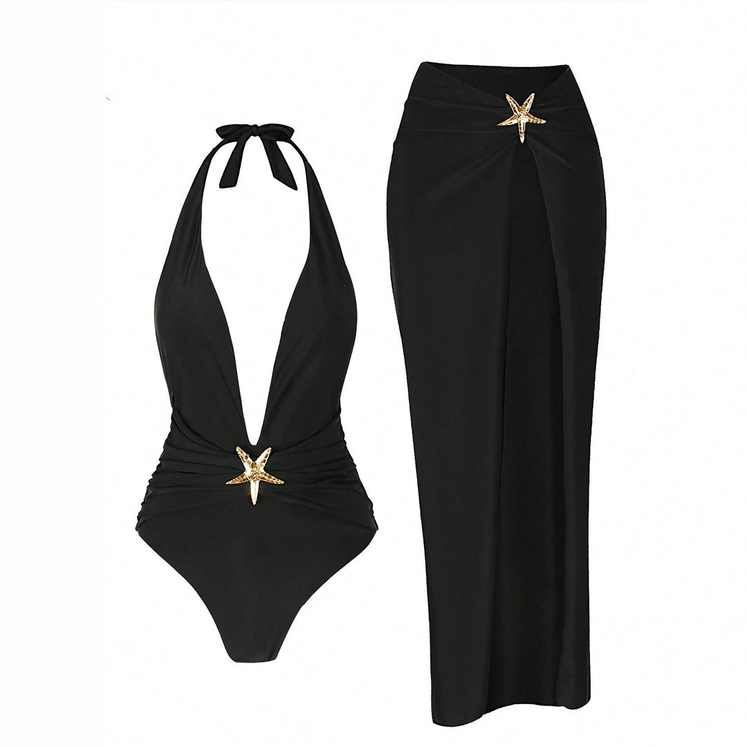 Damen Elegantes Maxi-Strandkleid mit tiefem V-Ausschnitt und dekorativen Stern-Applikationen Echo Archiv