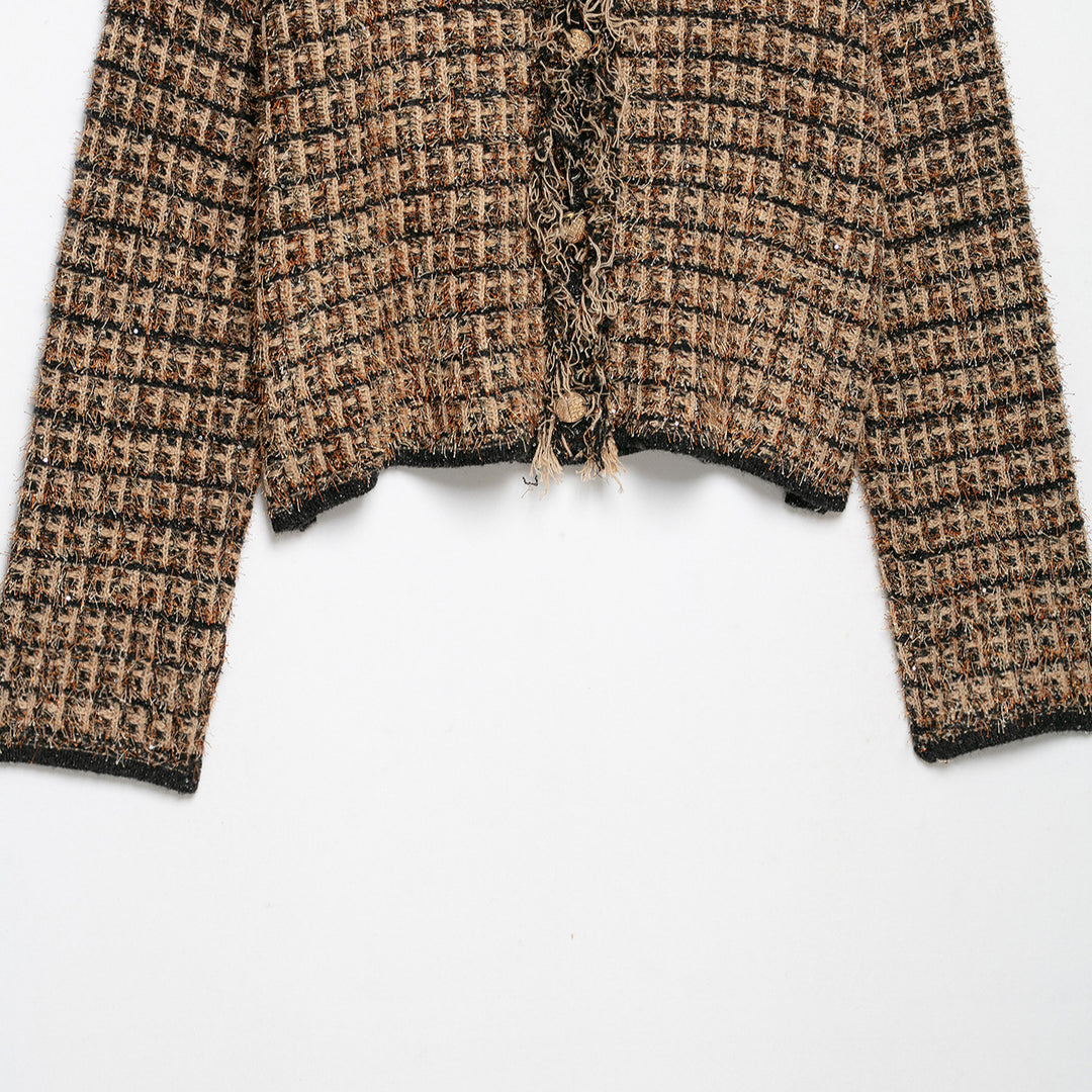 Damen Bouclé-Tweed-Croppedjacke mit Fransenbesatz und Rundhalsausschnitt Echoarchiv