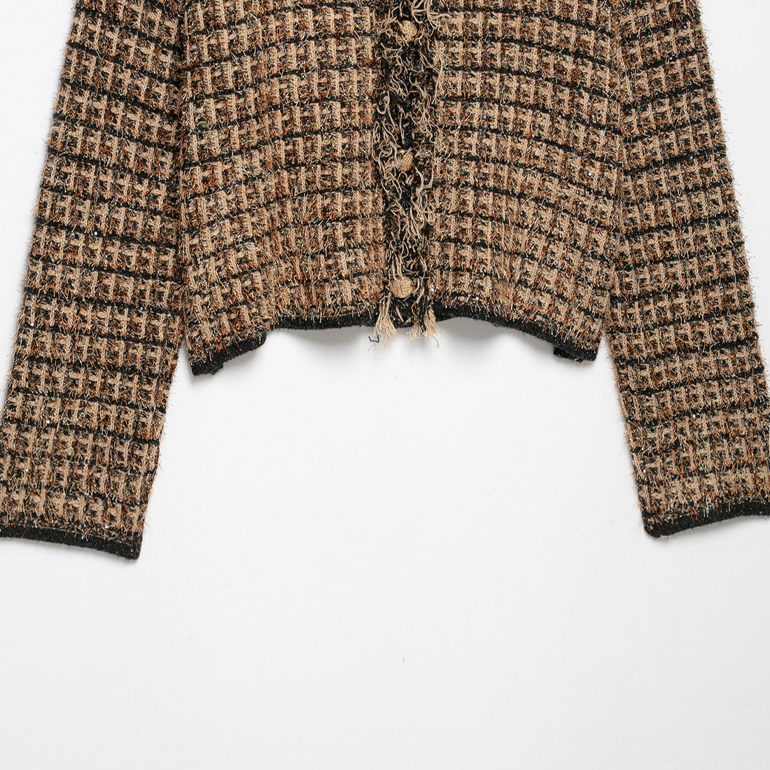 Damen Bouclé-Tweed-Croppedjacke mit Fransenbesatz und Rundhalsausschnitt Echoarchiv