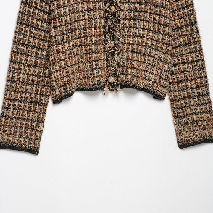 Damen Bouclé-Tweed-Croppedjacke mit Fransenbesatz und Rundhalsausschnitt Echoarchiv