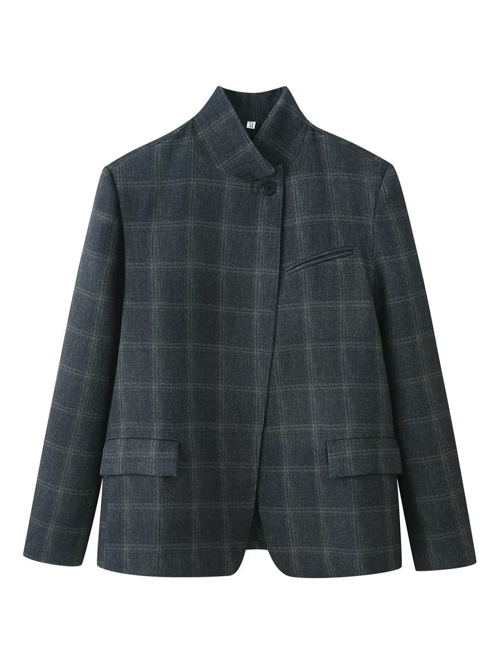 Damen Gerade geschnittener Glencheck-Blazer mit Stehkragen und Pattentaschen Echoarchiv