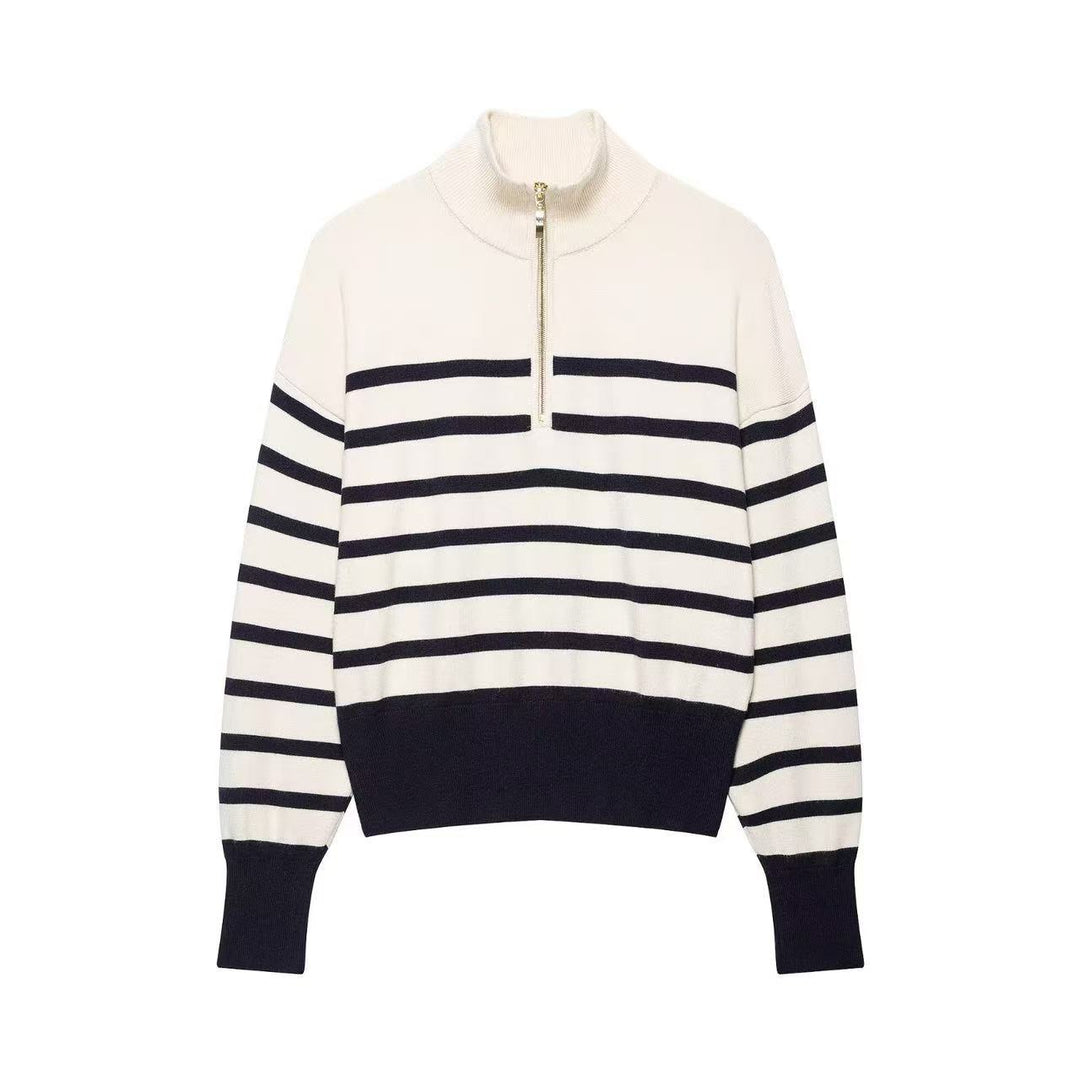 Damen Gestreifter Strickpullover mit halbem Reißverschluss und Stehkragen Echoarchiv