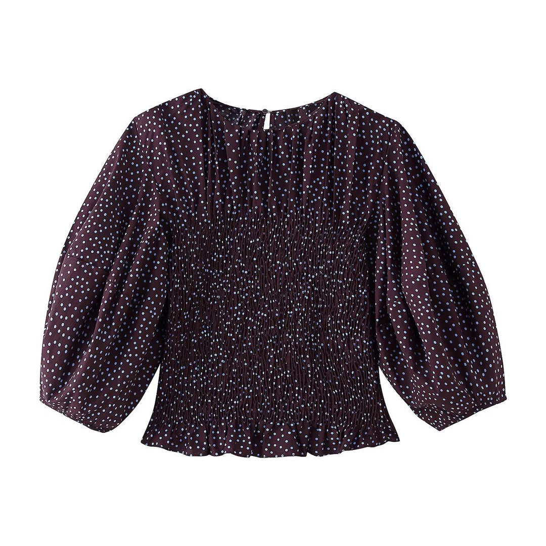 Damen Gesmoktes Polka-Dot-Blusenshirt mit Ballonärmeln Echoarchiv