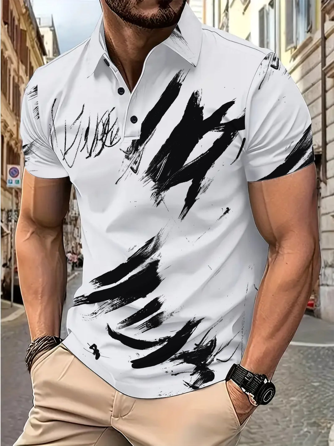 Herren Poloshirt mit kreativem Pinselstrich-Design Echoarchiv