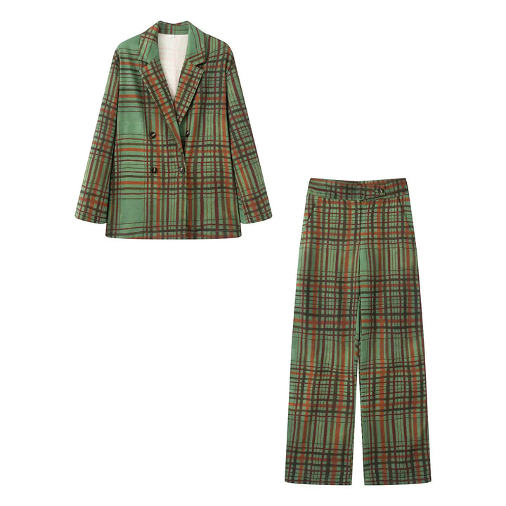 Damen eleganter Zweiteiler mit oversized Doppelreiher-Blazer und Highwaist Weitbein-Hose im Karo-Design – Valéne