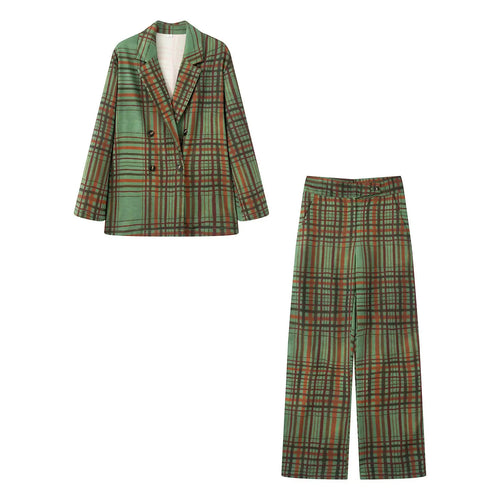 Damen eleganter Zweiteiler mit oversized Doppelreiher-Blazer und Highwaist Weitbein-Hose im Karo-Design – Valéne