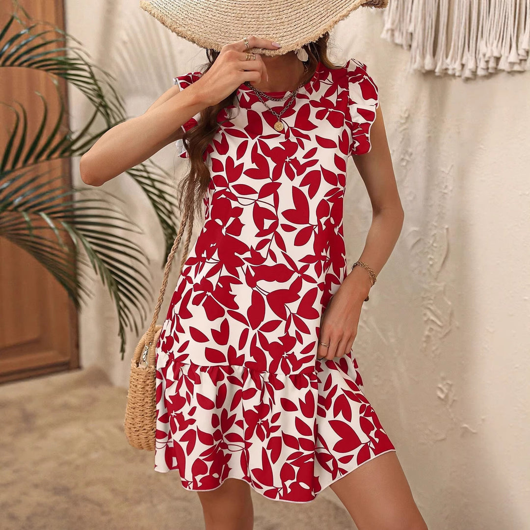 Damen Leichtes Stufen‑Kurzkleid mit Rüschenärmeln und botanischem Print Echo Archiv