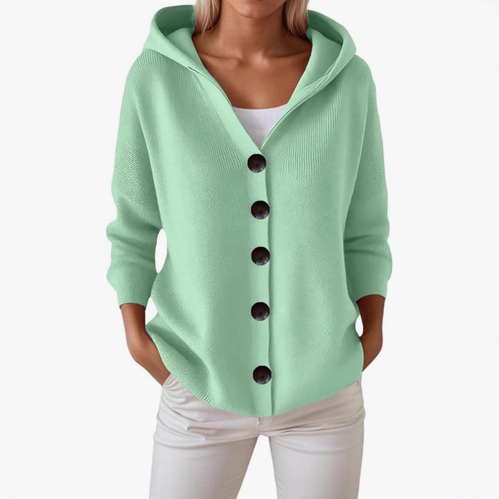 Damen Kapuzen-Strickjacke mit großen Holzknöpfen und seitlichen Eingrifftaschen – Veloura