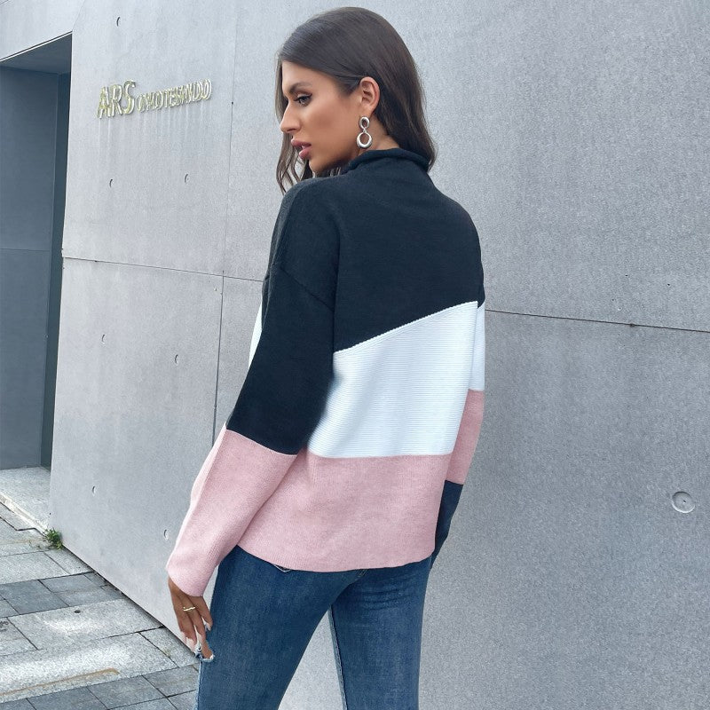 Damen Dreifarbiger Strukturstrick-Pullover mit Stehkragen und lässiger Oversize-Silhouette Echoarchiv