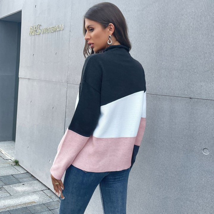 Damen Dreifarbiger Strukturstrick-Pullover mit Stehkragen und lässiger Oversize-Silhouette Echoarchiv
