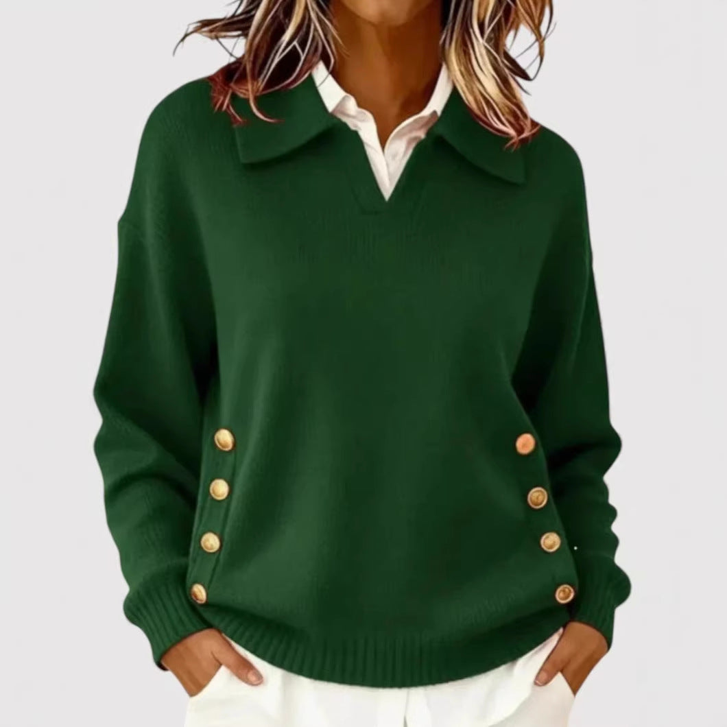 Damen Modischer Strickpullover mit Kragen und Knopfdetails – Mavelle