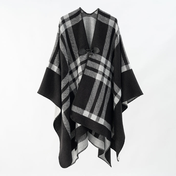 Damen Reversibler Wollmix-Poncho mit Knebelverschluss und Karomuster Echo Archiv