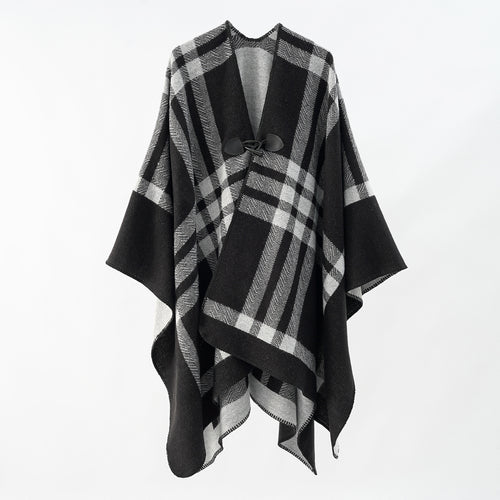 Damen Reversibler Wollmix-Poncho mit Knebelverschluss und Karomuster Echo Archiv