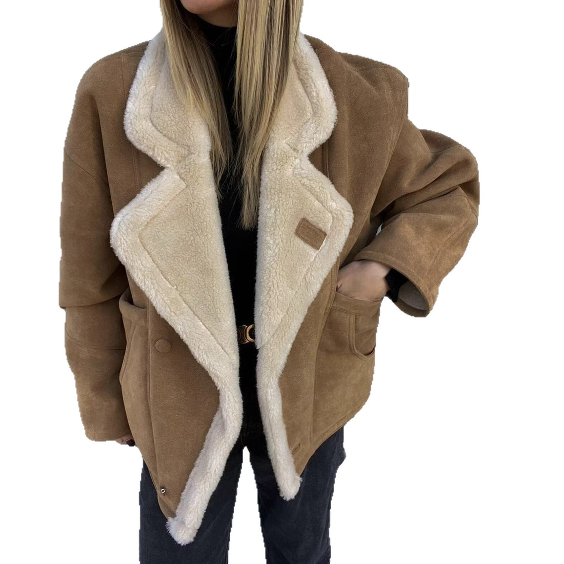 Damen Oversized Kurzjacke aus Wildlederoptik mit Teddyfutter und großem Reverskragen Echoarchiv
