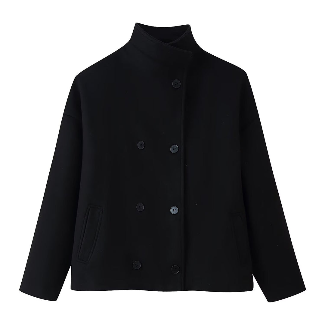 Damen Boxy Wolljacke im Cocoon‑Schnitt mit Stehkragen und doppeltreiher Knopfleiste Echo Archiv