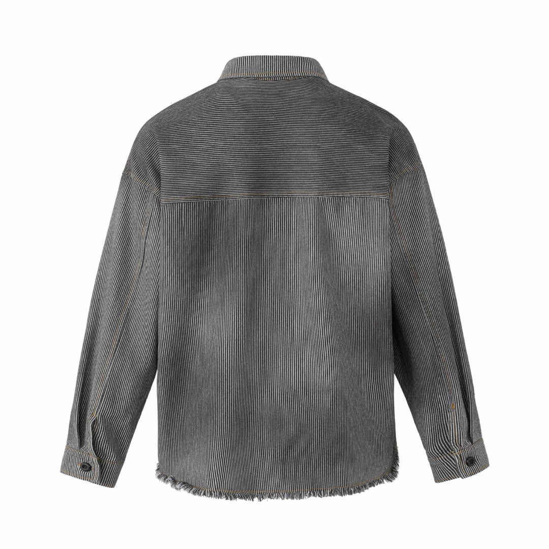 Damen Overshirt-Jacke aus gestreiftem Denim mit Fransen und Used-Details Echoarchiv