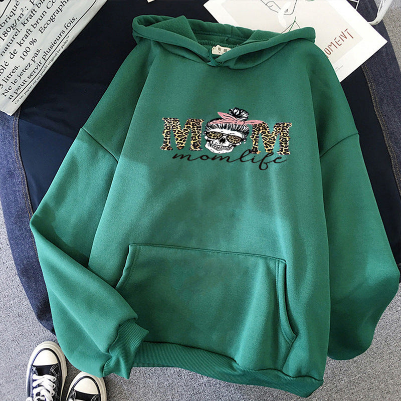 Damen Kapuzenpullover mit "Momlife" Skull-Print, Kängurutasche, weichem Fleece-Innenfutter und lockerer Oversize-Passform – Auréline