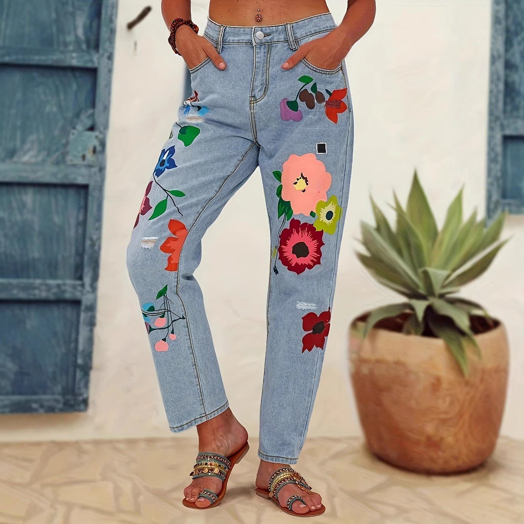 Damen Gerade geschnittene Jeans mit bunten Blumenapplikationen und leichten Destroy-Details Echo Archiv