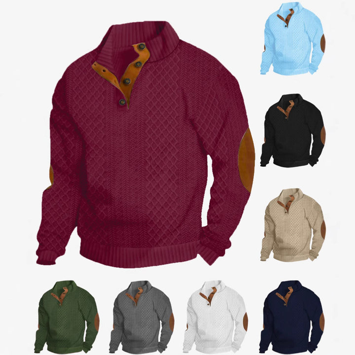 Herren nan Grobstrickpullover mit Stehkragen Lederbesatz und Ellenbogenauflagen Echo Archiv