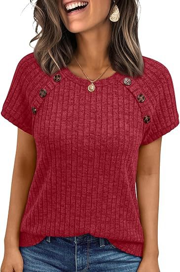 Damen lässiges Rippenstrick-T-Shirt mit Knöpfen Echo Archiv