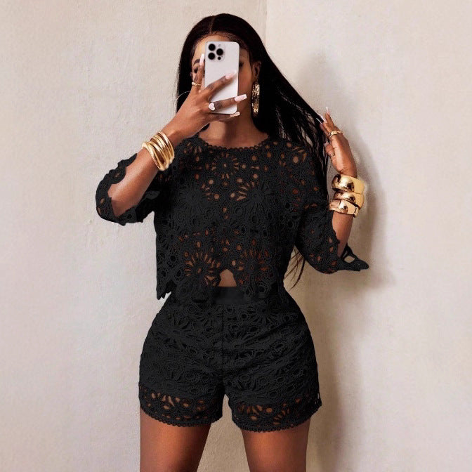 Damen nan gehäkeltes zweiteiliges Set mit Crop-Top und taillenhohen Shorts Echo Archiv