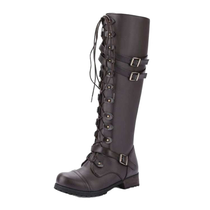 Damen nan kniehohe Schnürstiefel im Militär-Vintage Stil mit dekorativen Riemen und verstellbaren Schnallen Echo Archiv