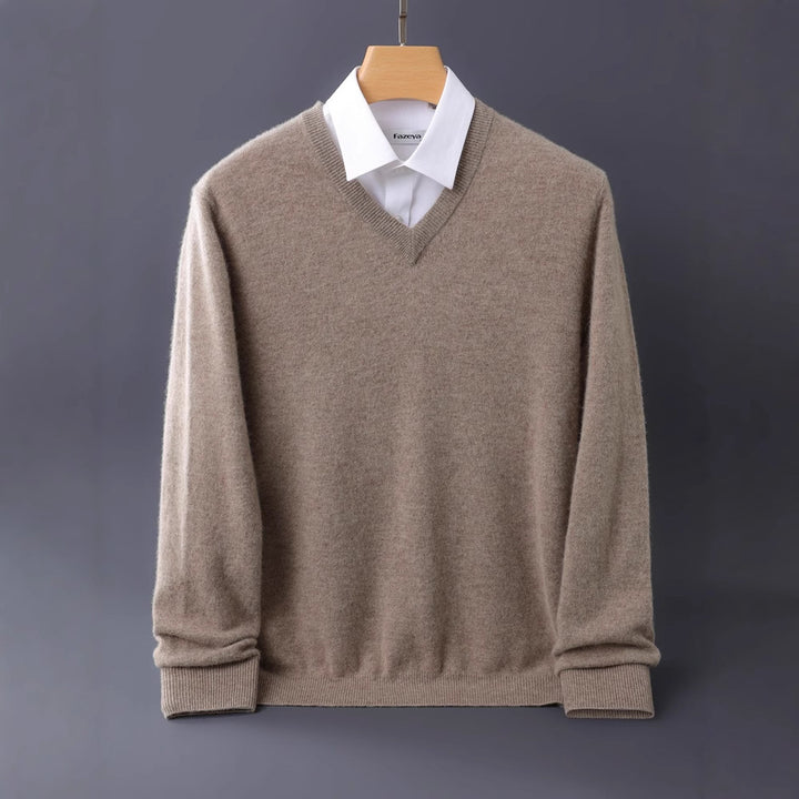 Herren Feiner V-Ausschnitt-Pullover aus Merino-Kaschmir-Mix mit gerippten Bündchen Echoarchiv